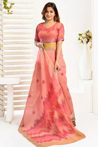 peach linen ikat saree