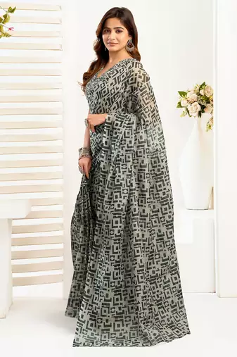 grey   linen geomatric color block saree