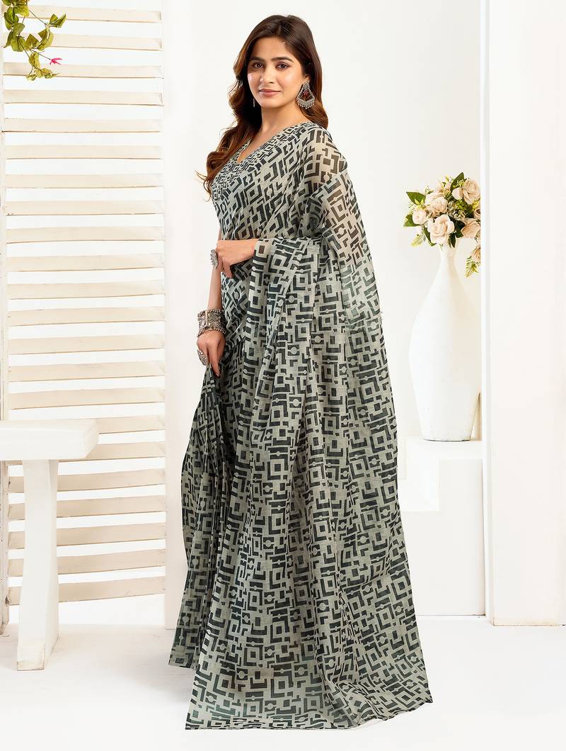Women grey  linen geomatric color block saree