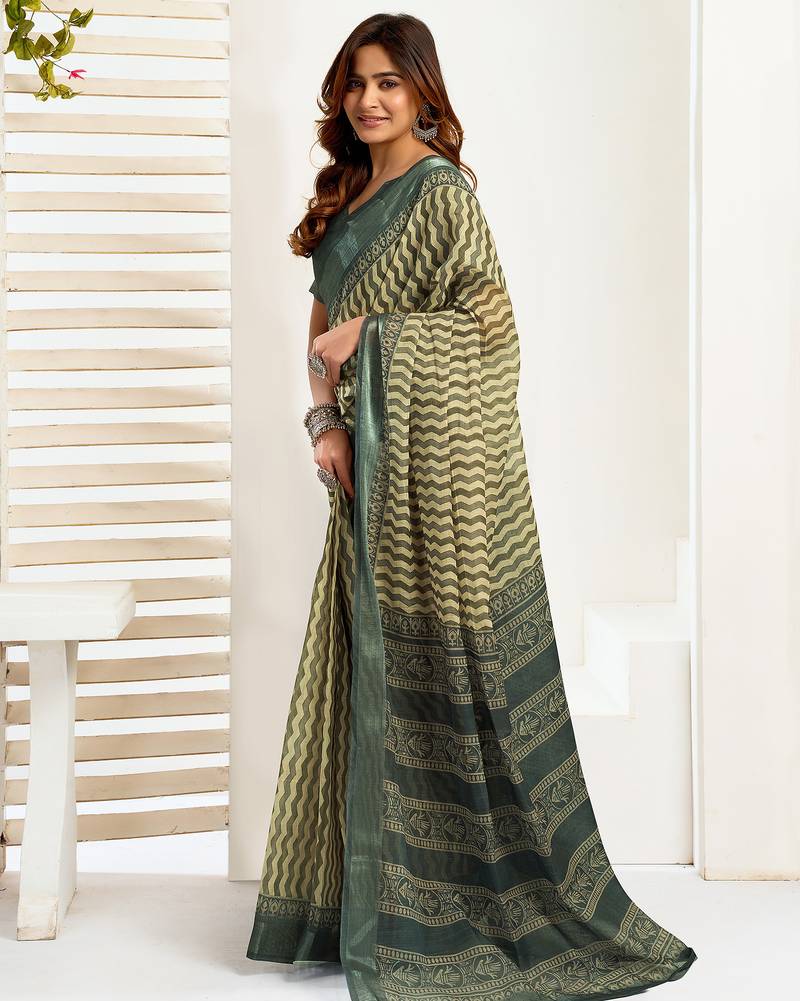 Women cream linen zig zag & chevron saree