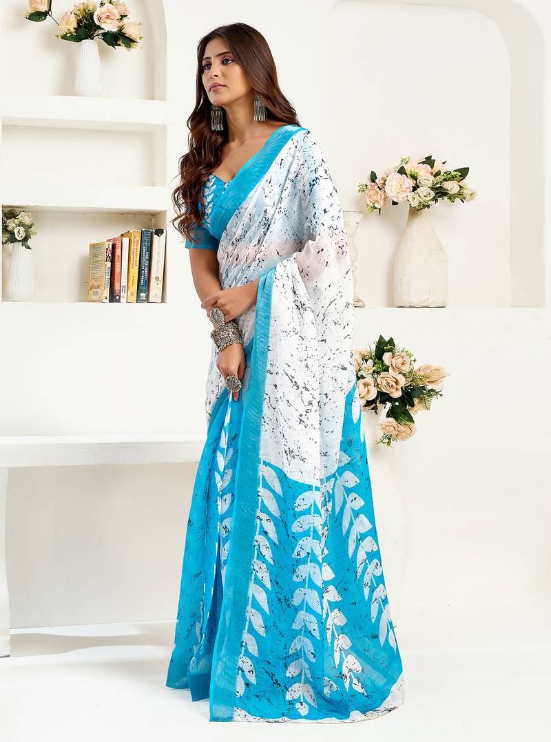 Women white linen leaf saree