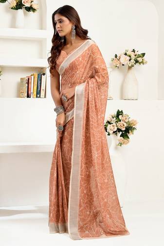 rust brown linen floral saree