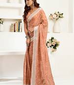 rust brown linen floral saree