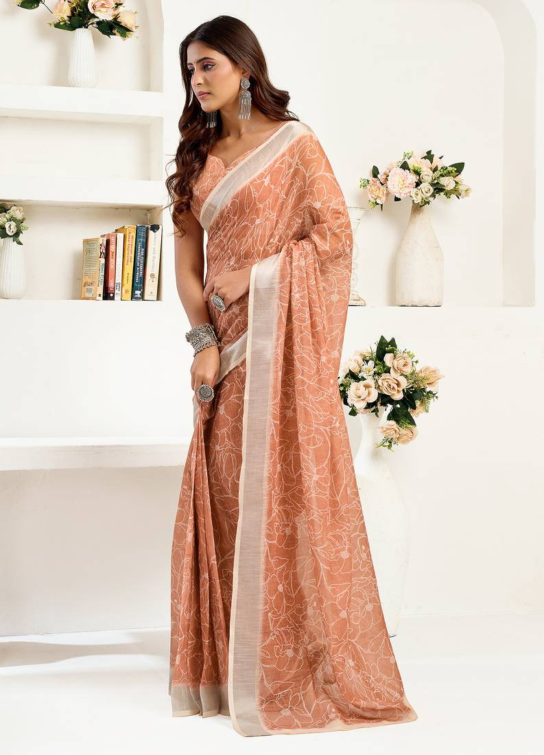 Women rust brown linen floral saree