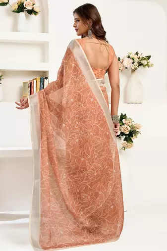 rust brown linen floral saree