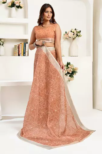 rust brown linen floral saree