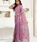 dusty wine linen floral & striped saree