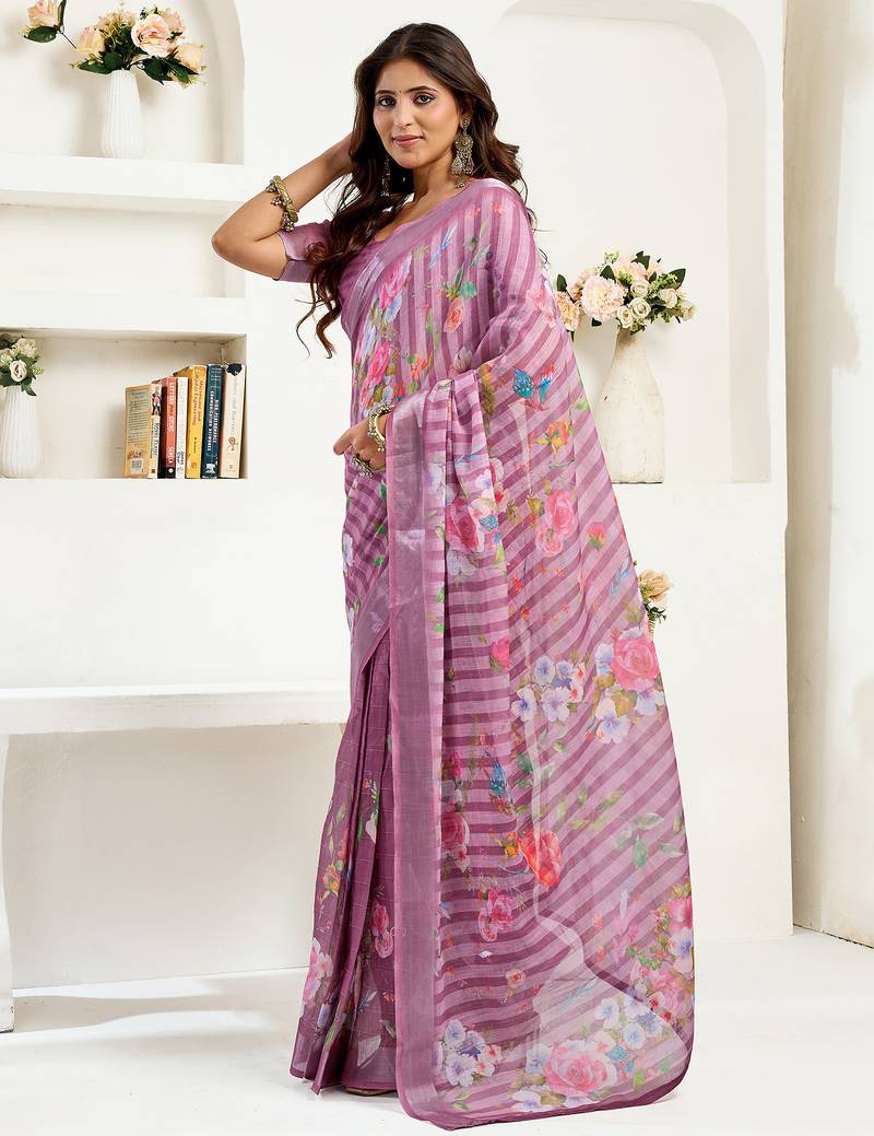Women dusty wine linen floral & striped saree