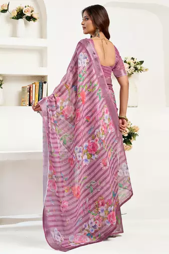 dusty wine linen floral & striped saree