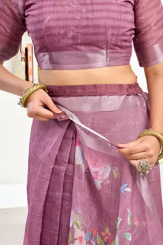 dusty wine linen floral & striped saree
