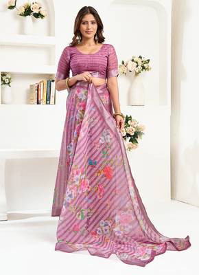 dusty wine linen floral & striped saree 5