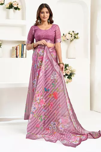 dusty wine linen floral & striped saree