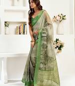 green linen floral & ethnic motifs saree
