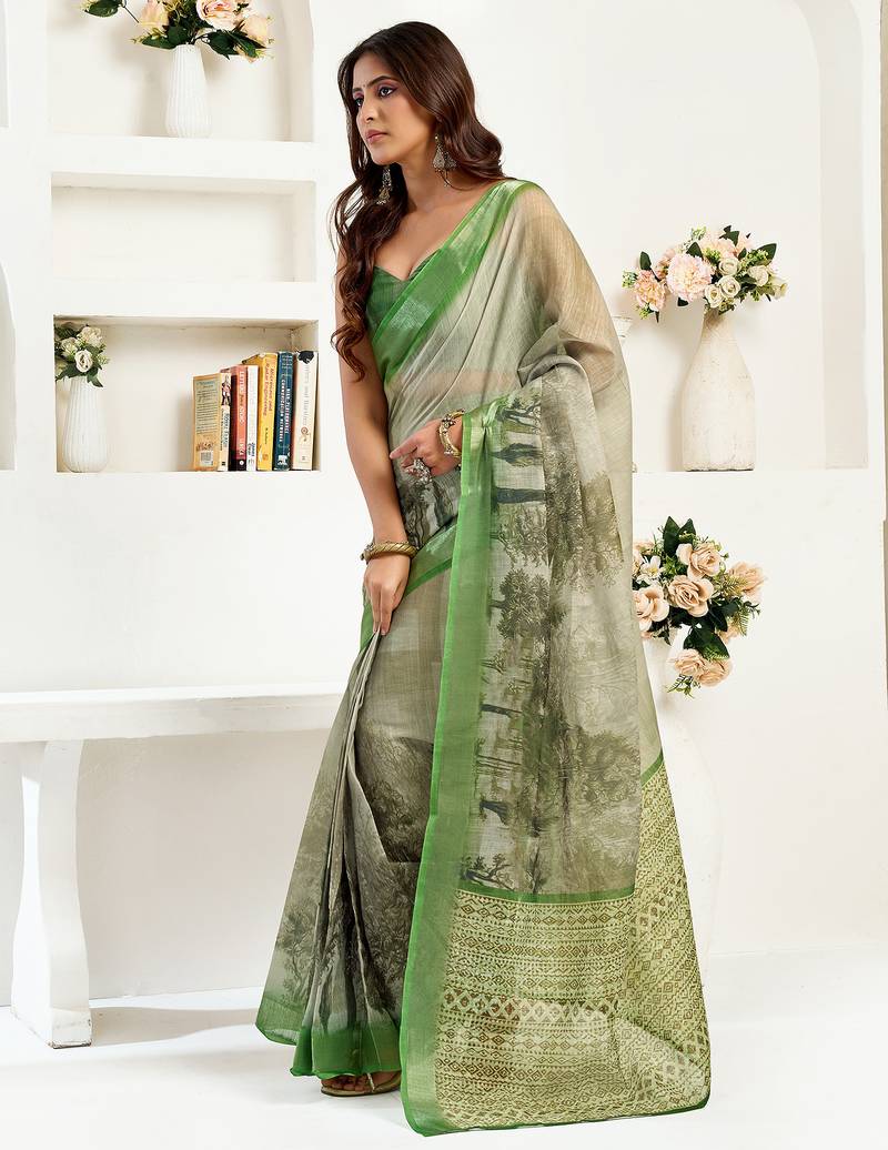 Women green linen floral & ethnic motifs saree