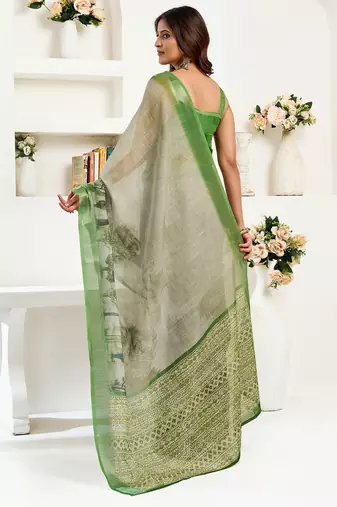green linen floral & ethnic motifs saree