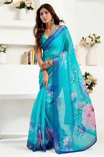 turquoise   linen floral saree