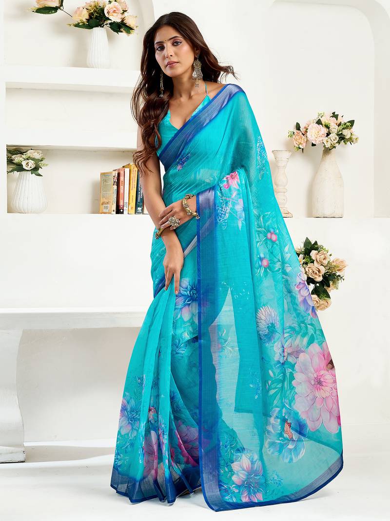 Women turquoise  linen floral saree