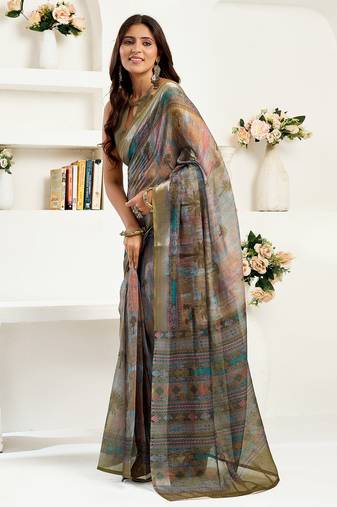 dusty green linen floral & ethnic motifs saree