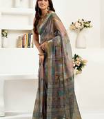 dusty green linen floral & ethnic motifs saree