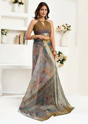 dusty green linen floral & ethnic motifs saree 5