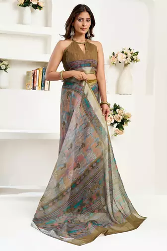 dusty green linen floral & ethnic motifs saree