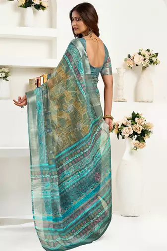 petrol linen ethinic motifs saree