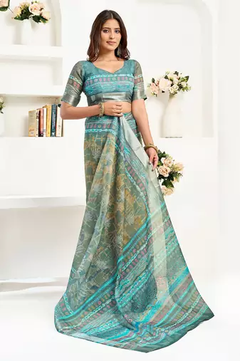 petrol linen ethinic motifs saree