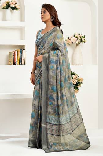   dusty brown linen floral & ethnic motifs saree