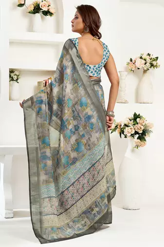   dusty brown linen floral & ethnic motifs saree