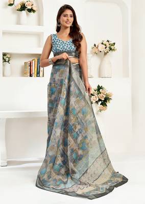  dusty brown linen floral & ethnic motifs saree 5