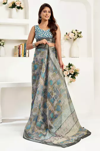   dusty brown linen floral & ethnic motifs saree