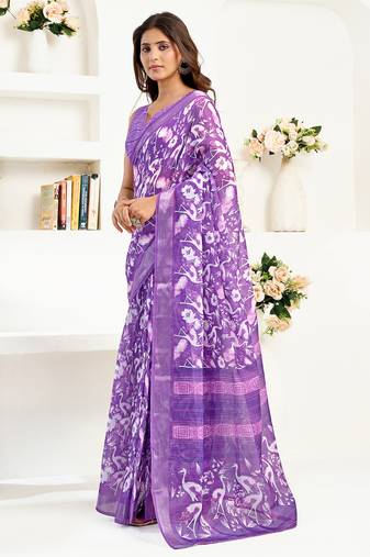 purple linen   floral and bird motifs saree