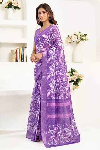 purple linen   floral and bird motifs saree