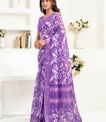 purple linen   floral and bird motifs saree