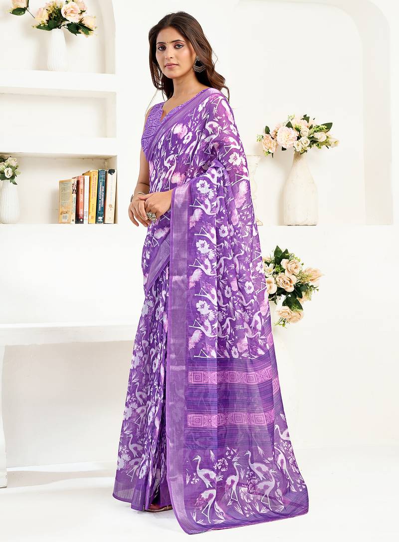 Women purple linen  floral and bird motifs saree