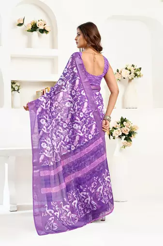 purple linen   floral and bird motifs saree