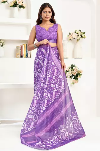 purple linen   floral and bird motifs saree