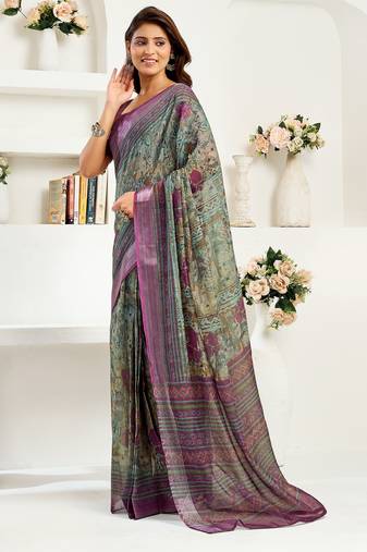 multicoloured linen ikat & floral saree