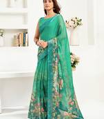 rama green linen floral saree
