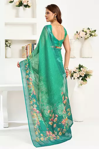 rama green linen floral saree