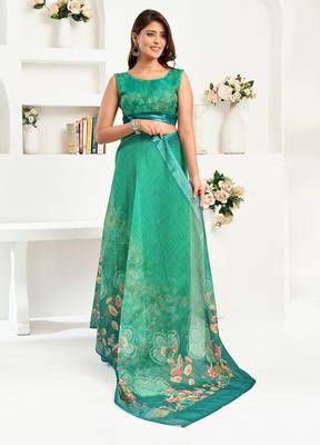 rama green linen floral saree 5