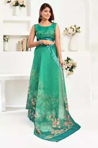 rama green linen floral saree