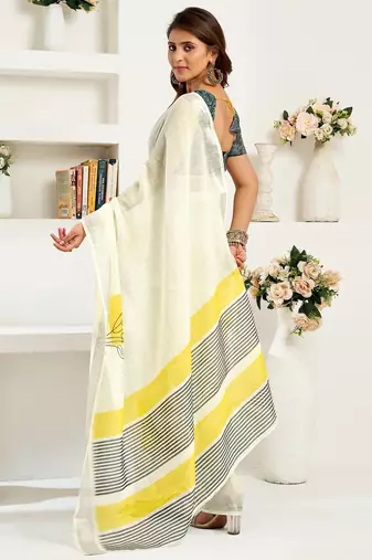 off-white linen striped saree