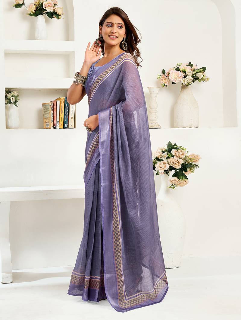 lavender linen striped saree