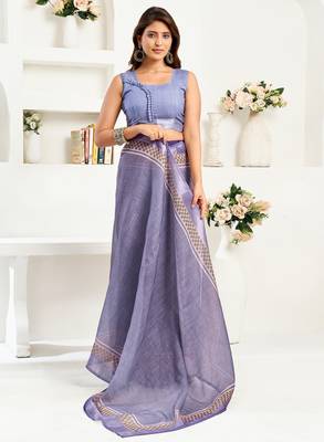 lavender linen striped saree 5