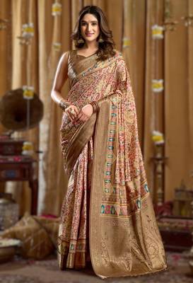 peach gobuni simran digital printed banarasi border saree 1