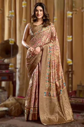 peach gobuni simran digital printed banarasi border saree