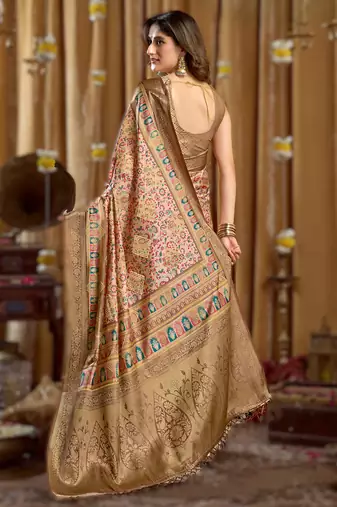 peach gobuni simran digital printed banarasi border saree