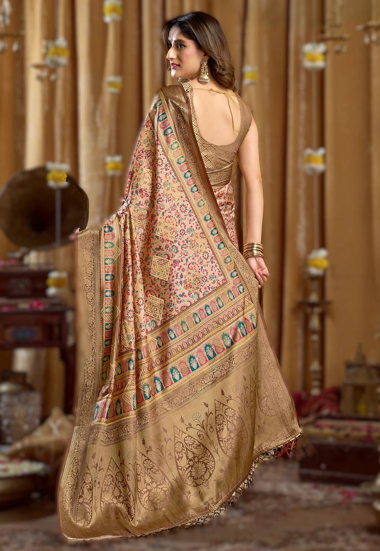 peach gobuni simran digital printed banarasi border saree
