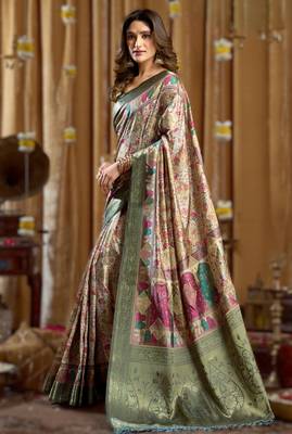 green gobuni simran digital printed banarasi border saree 1